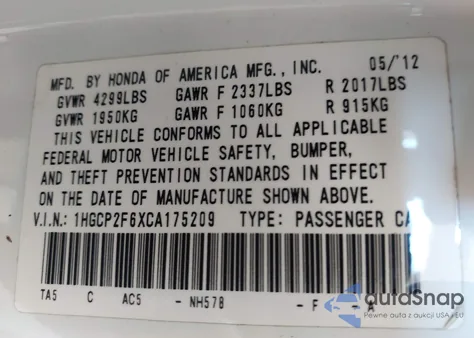 2012 Honda Accord 2.4 Se from USA, damaged, VIN 1HGCP2F6XCA175209
